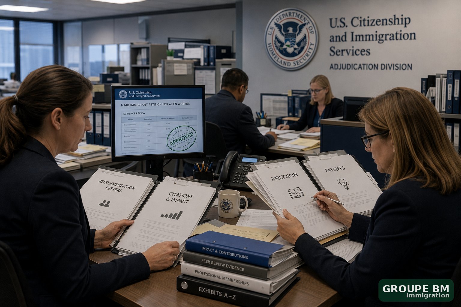 Agents du USCIS examinant des dossiers de pétition d'immigrant