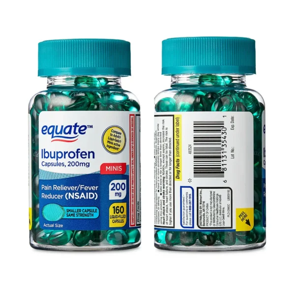 Equate_buprofen Equate Ibuprofène Mini Gélules Liquides, 200 mg – Soulagement de la Douleur et Réducteur de Fièvre (160 Comprimés)